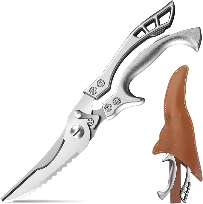 Zicolu Poultry Shears Heavy Duty Professional, Multipurpose Kitchen Shears with Sheath, Spring-Loaded Stainless Steel Chef Scissors Cutting Bone, Chicken, Fish, Food, Meat, Full Steel Handle Silver