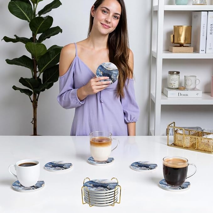 Ceramic Coasters Set of 6, Marble-Textured Design with Holder - Absorbent Cork-Backed Coasters for Cups, Bar & Coffee Table Decor Accessories (Dark Blue Marble, 6 Pack-Thin)