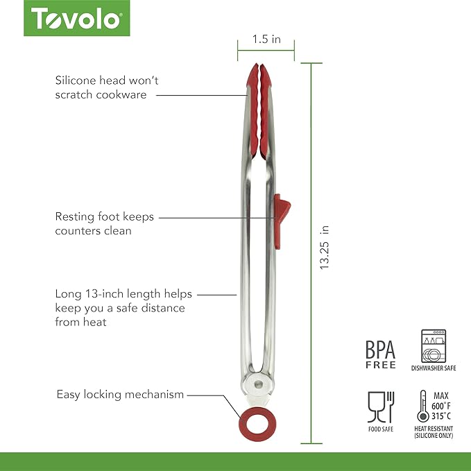 Tovolo Tongs With Silicone Tips Easy Grip 13” Long Kitchen Tongs Stainless Steel Handle For Cooking, Non Scratch Heat Resistant Locking Tongs Silicone Tipped Dishwasher Safe BPA Free, Cayenne Red