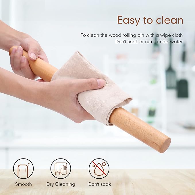 QUELLANCE 16 Inch Wood Rolling Pin for Baking, Wooden French Dough Roller with Purple Silicone Pastry Mat, Beech Wood Rolling Pins for Baking Dough, Pizza, Pie, Pastries, Pasta and Cookies