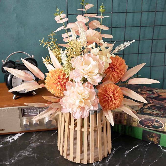 KIRIFLY Artificial Fake Flowers Plants Silk Flower Arrangements Wedding Bouquets Decorations Plastic Floral Table Centerpieces for Home Kitchen Garden Party Décor (Pink Orange)