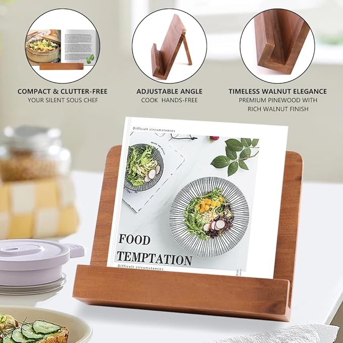 Cookbook Stand for Kitchen, Adjustable Solid Wood Recipe Book Holder for Cookbooks, Recipes, Phones & Devices, Perfect Kitchen Counter Decor & Cooking Gift