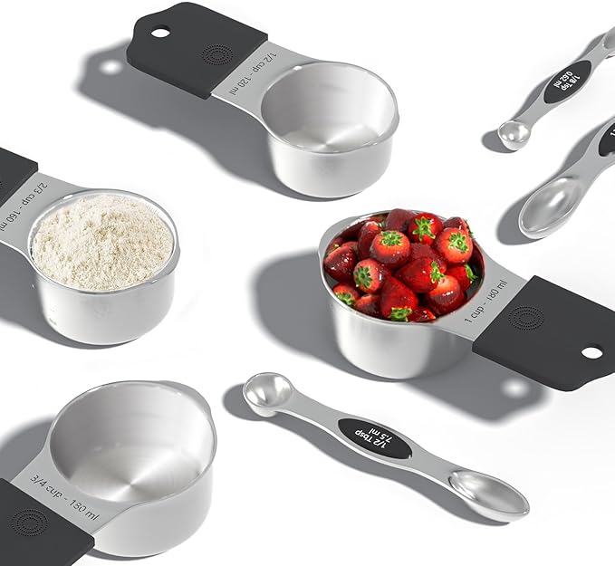Magnetic Measuring Cups & Spoons Set, Heavy Duty 304 Stainless Steel, Double Measurement Markings, Strong N52 Magnet, Set of 16 with Leveler for Measure Dry & Liquid Ingredient, Dishwasher Safe, Black