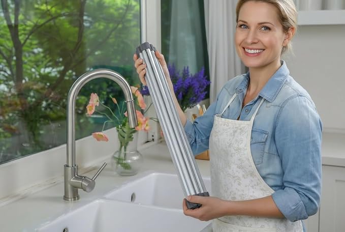 Large Aluminum Roll Up Dish Drying Rack (20.5" x 13") -Fits Sink Openings up to 19.5 Inches, Heavy Duty Square Bar, Rust-Proof & Heat Resistant with Removable Dish Holder (Purple Gray Large)