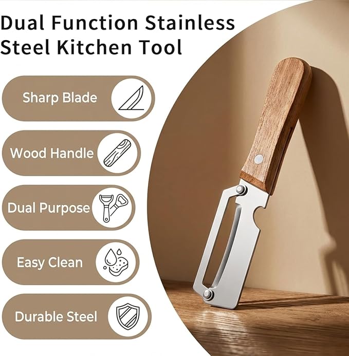 2 Pack Multifunctional Vegetable Peeler, With Wooden Handle and Bottle Opene, Stainless Steel Blade with Ergonomic Wooden Handle, Non-Slip Fruit & Potato Peeler for Kitchen Use