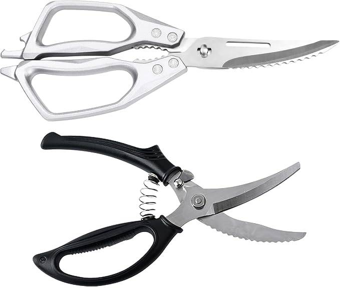 2PCS Kitchen Shears Set, Heavy Duty Poultry Shears with Spring Loaded, All Purpose Kitchen Scissors for Food Come Apart Culinary Chef Scissors for Cutting Chicken Meat Vegetable, Black & Silver