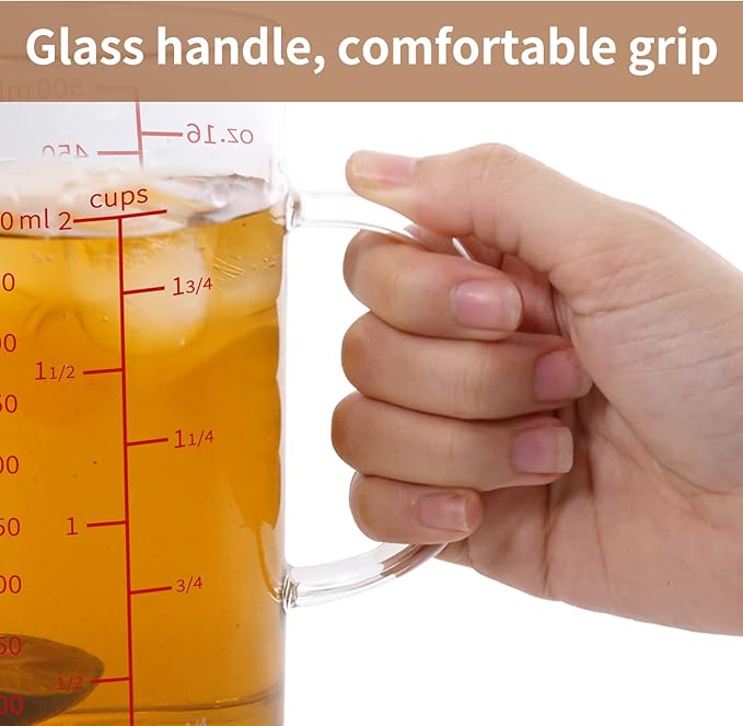 Newness Glass Measuring Cup with Handle, 500 ML (0.5 Liter, 2 Cup) Double-Sided Scale Measuring Cup with Three Scales (OZ, Cup, ML/CC) and V-Shaped Spout, Measuring Beaker for Kitchen or Restaurant