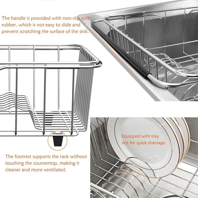 NiuYichee Stainless Steel Dish Drying Rack(15.2"L X 13"W X 5.8"H), Expandable Fruit & Vegetable Drain Rack over Sink, Dish Drainer Rack in Sink, with Stainless Steel Utensil Holder & Silicone Mat(16")