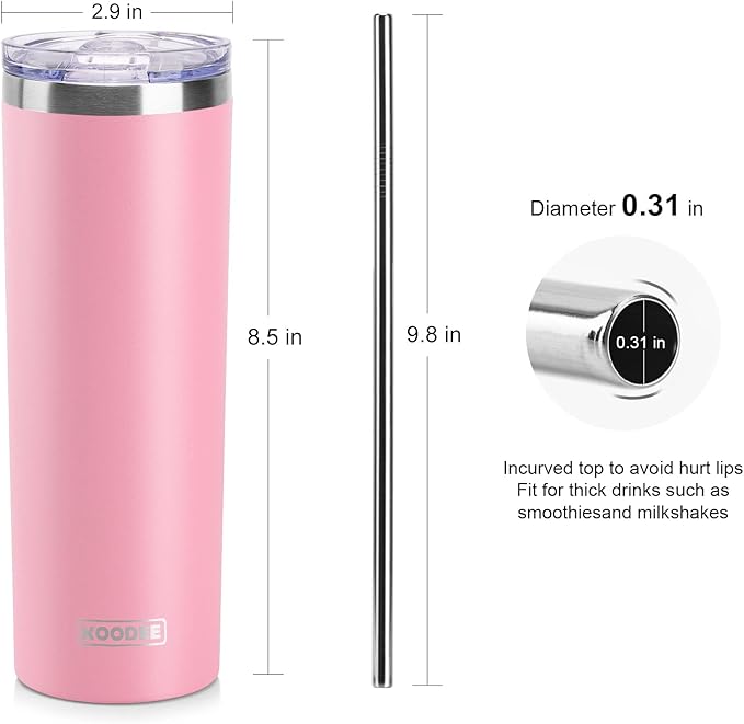 koodee 20 oz Stainless Steel Skinny Tumbler(4 Pack) Double Wall Insulated Water Tumbler Cup with Lids, Straws and Straw Brushe(Baby Blue/Pink/Sky Blue/Teal)