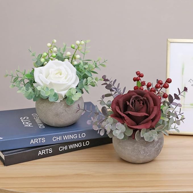 Small Artificial Burgundy Rose Potted Plant, 6" Fake Silk Flowers in 3.5" Round Pot, Mini Faux Floral Arrangement for Desk Shelf Bathroom Decor