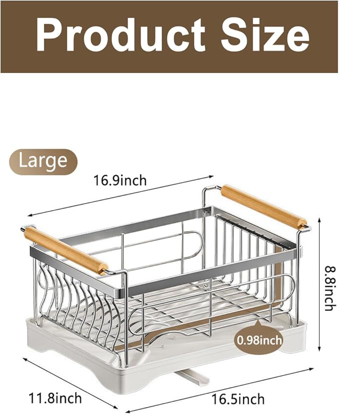 Stainless Steel Dish Drying Rack,304 Grade Rustproof Dish Rack for Kitchen Counter with Drain Board & Detachable Holder (Large:16.5 * 11.8 * 8.8inch)