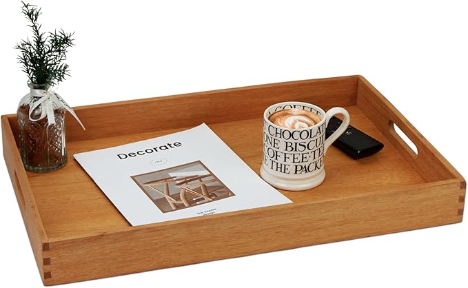 22 x 14 Inches Large Rectangle Teak Wood Ottoman Tray with Handles, Serve Tea, Coffee, Classic Wooden Decorative Serving Tray