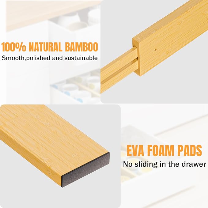 BAMBUROBA Bamboo Drawer Dividers, Adjustable Organizer for Kitchen & Bedroom, Expandable 17-22" Drawer Separators, 4-Pack