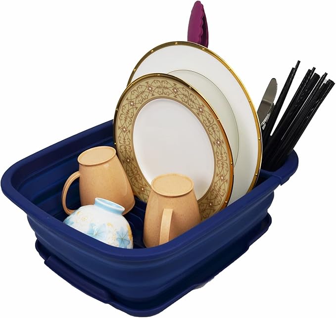 SAMMART 8L (2.11Gallons) Collapsible Dish Drainer with Drainer Board - Foldable Drying Rack Set - Portable Dinnerware Organizer - Space Saving Kitchen Utensil Storage Tray (Royal Blue, 1)