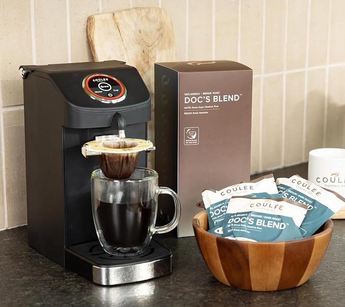 EcoPour Doc's Blend Coffee, Single Serve Pour Over Arabic Coffee, Dark Roast, Use for Camping or Traveling, Pre Filled Compostable, All Paper Filters, Ready to Brew with Hot Water, 20 Pack
