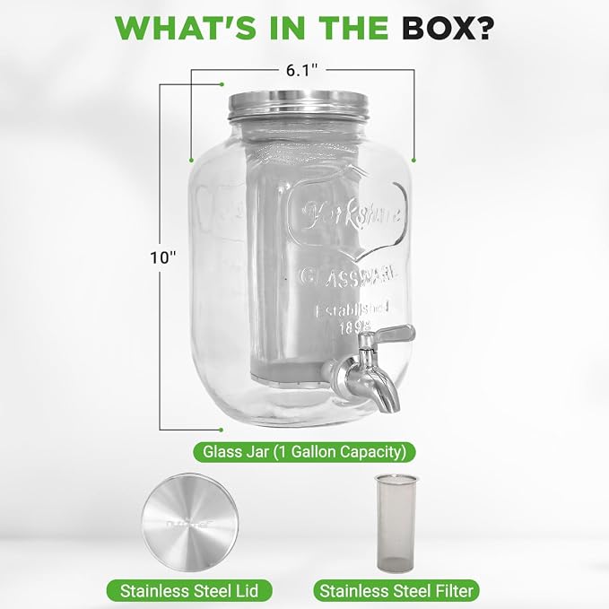 NutriChef 1-Gallon Cold Brew Coffee Maker - Wide-Mouth Glass Mason Jar Style w/Stainless Steel Spigot Tap & Reusable Mesh Filter - Leak Resistant, Drip-Free, & Easy to Clean