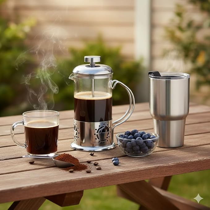 Single Serve French Press Coffee Maker - 12 oz Glass & Stainless Brewer | Portable 1-Cup Manual Coffee Press With Fine Mesh Filter, Mini Brewer For Home, Travel or Camping, Great For Loose Tea.