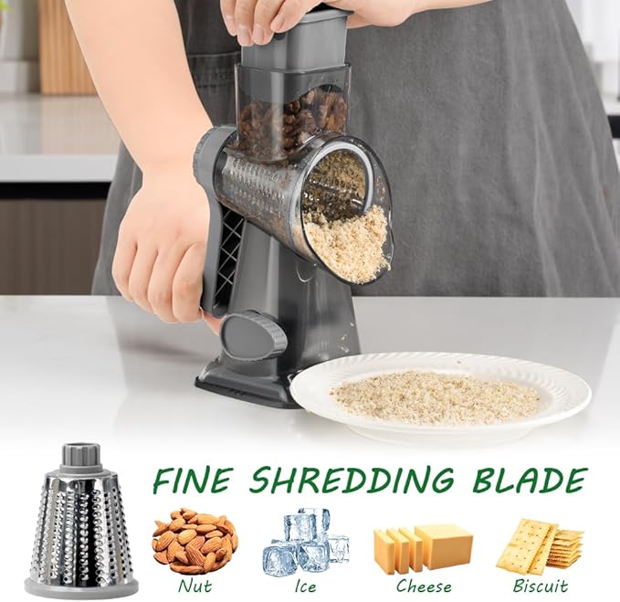 Cheese Grater Hand Crank Rotary Vegetables Shredder with Handle, 3-in-1 Graters with Interchangeable Blades and Non-slip Base Multifunctional Slicer for Kitchen
