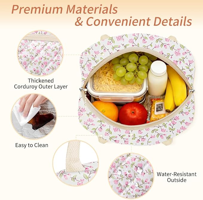 Coobiiya Lunch Box Lunch Bag for Women Men,Reusable Cute Lunch Pail bag,Leakproof,Insulated LunchBox Tote Compact 10L, Cooler Lunch Container for Work Travel Office Floral