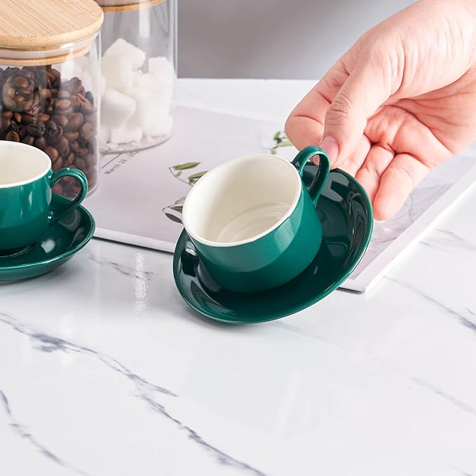 YOLIFE 2.5oz Espresso Cups Set of 4, Porcelain Stackable Espresso Cups, Expresso Shots Cup Set with Saucers and Metal Stand-Green
