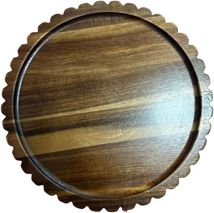 Small Wooden Decorative Tray,10 Inch Round Acacia Scalloped Tray for Coffee Table Decor,Bandeja de Madera para Decoración for Kitchen, Dining Room, Living Room and Home Decor