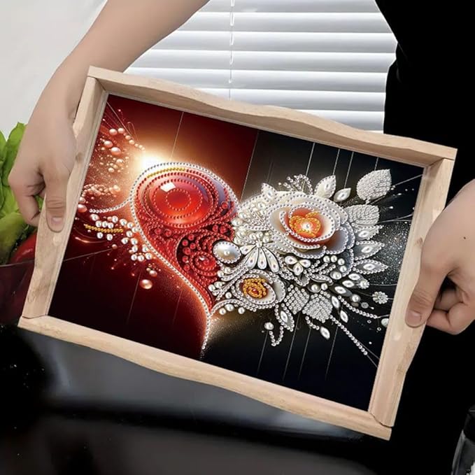 DIY Diamond Serving Tray Diamond Art Painting Creative Design Handmade Wooden Tray Dinner Plate for Coffee Breakfast Home Organizer-Heart