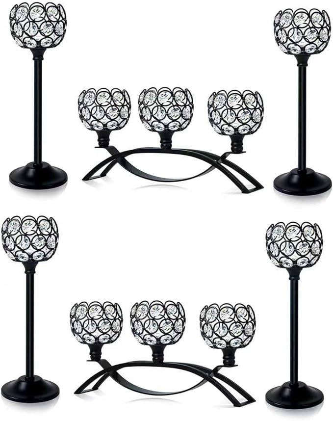 Crystal Tealight Candle Holder Centerpiece Home Decorative Candlestick Holder Elegant Table Centerpiece Home Decor Wedding Party Anniversary (Black, Set of 6)