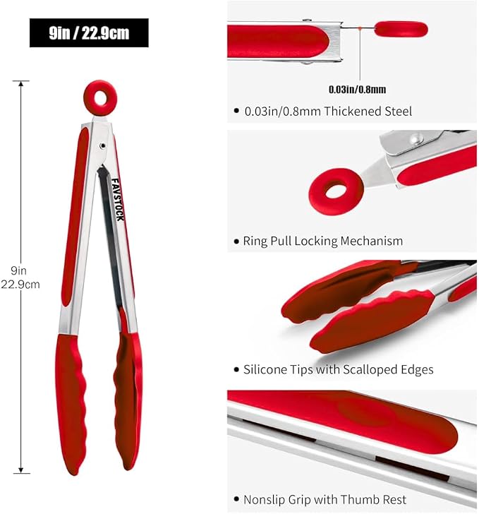 9-Inch Silicone Kitchen Tongs – Heat Resistant Silicone Tips, Stainless Steel Cooking Tongs with Locking Ring – Small Tongs for Cooking, Grilling, BBQ, Serving, Salad & Pasta