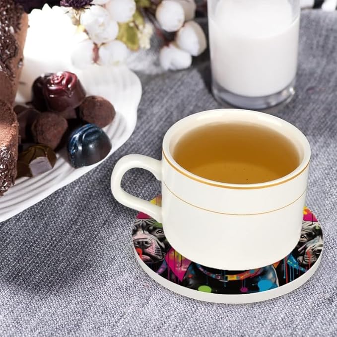 1 Pcs Coffee Cup Coasters for Drinks, Graffiti Style Black Pit Bulls Round Absorbent Non-Slip Ceramic Stone Cork Coasters for Kitchen Living Room Office Decoration Bar (4 * 4 Inch)