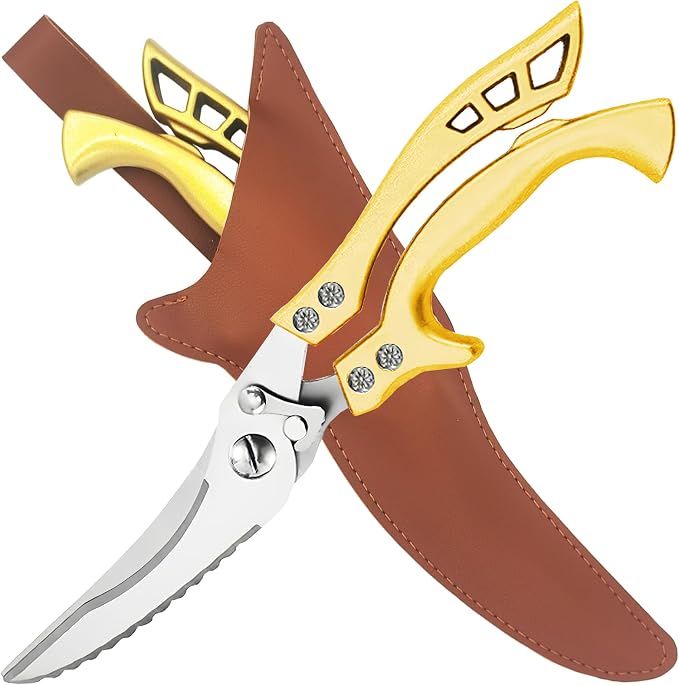 ANDONG Heavy Duty Kitchen Poultry Shears with Serrated Edge, Spring Loaded Kitchen Scissors, Professional Chicken Shears, Gold