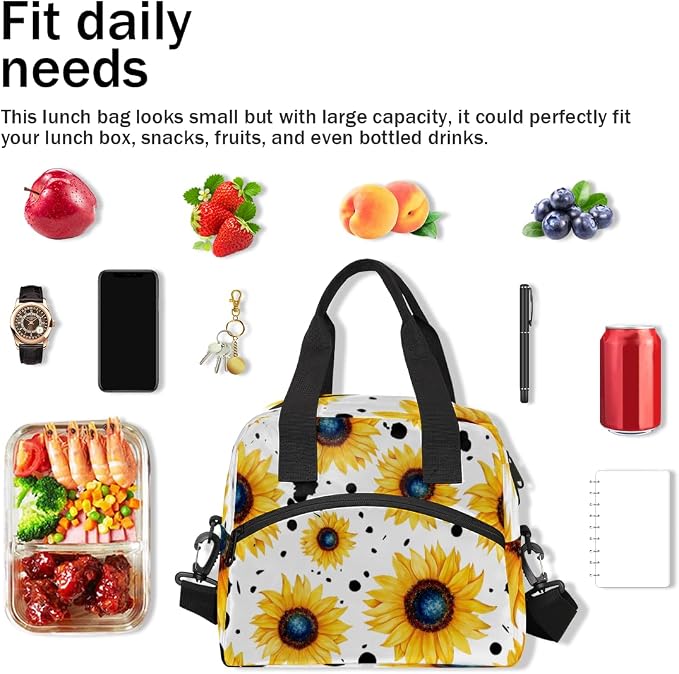 Pattern Yellow Sunflowers Insulated Lunch Bag for Women Men Reusable Lunch Box Cooler Bag Large Leakproof Lunch Tote with Adjustable Shoulder Strap for Adult Work Picnic Camping Beach Office