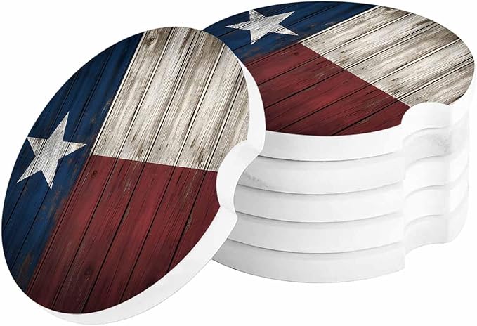Small Car Coasters for Cup Holders 2.65" Absorbent 4 Pack Car Coaster Ceramic Stone for Drinks Absorb Water Drops State Flag Vintage Wood Grain