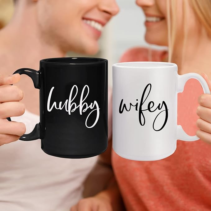 Canopy Street Wifey And Hubby Matching Mugs/Two Jumbo 15 Ounce White And Black Ceramic Mugs/Funny Husband And Wife Coffee Cup Set/Black And White Wedding Present Mug Set.
