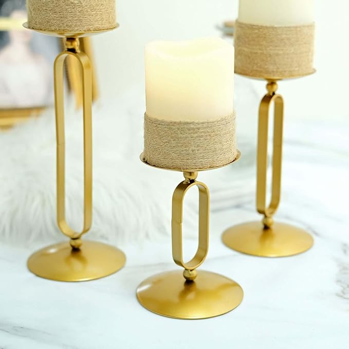 Efavormart Set of 3 | Gold Metal Geometric Oval Design Pillar Candle Holder Stands, Candle Centerpieces - Assorted Sizes