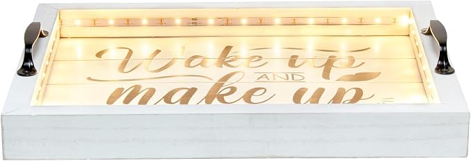 Elegant Designs HG2032-WWM Salento Farmhouse Rectangular Decorative LED Light Up Wooden Serving Tray w Metal Handles & Wake up and Make up in Black for Décor, Centerpiece, Breakfast, Bar, Whitewash
