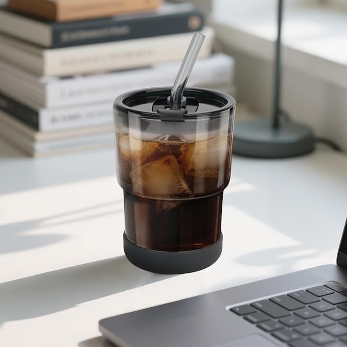 13 Oz Glass Cups with Lids and Straws, Reusable Iced Coffee Water Tumblers, Sealed Carry-On Thick Wall Drinking Cups for Cold Brew, Smoothie, Juice (2 Pack-Amber)