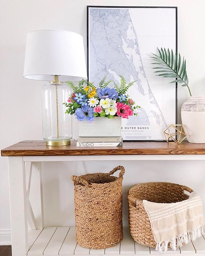 Briful Table Floral Arrangement Centerpiece, Artificial Flowers in Wooden Vase, Silk Flowers for Home Decor Indoor, Spring Summer Flower Farmhouse Table Decor for Dining Table, Coffee Table, Shelf