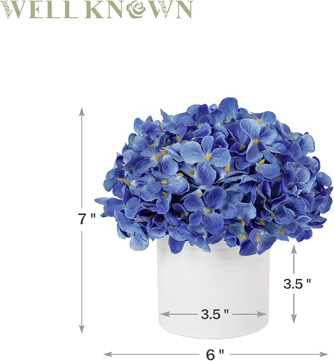 Blue Hydrangea Fake Flowers in Vase, Artificial Flowers with Ceramic Vase, Small Faux Potted Floral Arrangements for Home Bathroom Kitchen Office Coffee Table Wedding Party Centerpiece Decor & Gift
