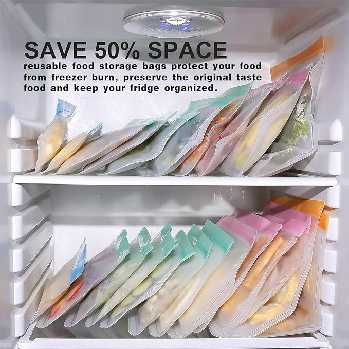 10Pack Reusable Freezer Bags, Leakproof Silicone Food Storage Bags, Dishwasher Safe Bpa Free Reusable Bags For Lunch Marinate & Travel - 3 Gallon, 4 Sandwich, 3 Snack Sizes