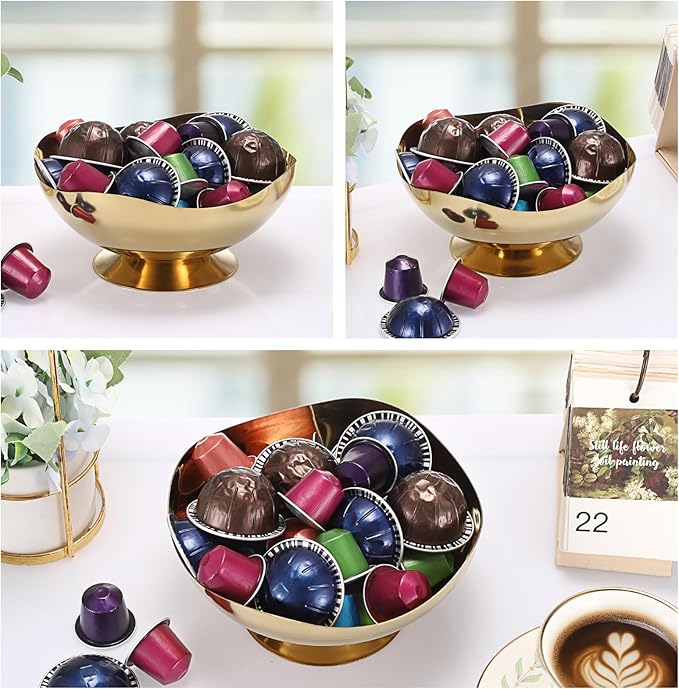 ELLDOO Coffee Pod Holder, 7.1inch Gold Metal Coffee Pod Storage for K Cup Nespresso Vertuo Keurig, Creamer Organizer Candy Bowl Fruit Snacks Jar for Countertop Kitchen Breakroom