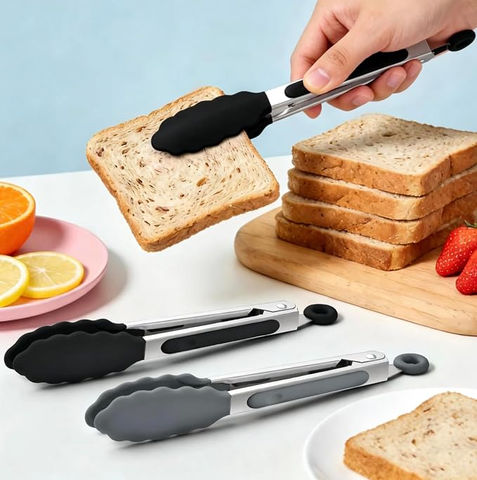 7-Inch Silicone Tongs Pack of 6, Small Stainless Steel Tongs with Silicone Tips for Cooking, Serving, BBQ, Grilling, Salad, Buffet, Party (7", Black)