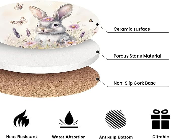 Easter Cute Bunny Rabbit Coasters Set of 6 for Drinks, Round Absorbent Ceramic Stone Coaster with Metal Holder, Pink Daisy Spring Coasters with Cork Base for Coffee Party Home Decor Gifts