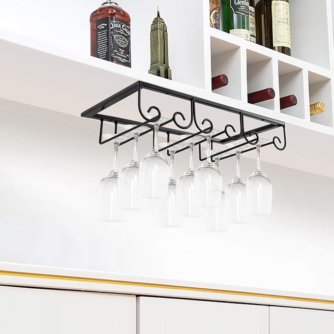 MOCOUM Under Cabinet Glass Rack, Stemware Hanger - 3 Rows Wine Glass Holder for Kitchen Cabinet Bar (Black)