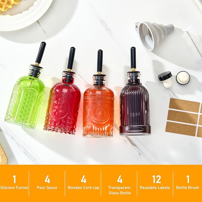 gegewawa 4pcs Glass Coffee Syrup Dispenser Bottles 7 OZ, Simple Syrup Bottles with Metal Pour Spout, Syrup Dispenser for Coffee Bar Accessories for Maple Honey Syrup Oil and Sauces