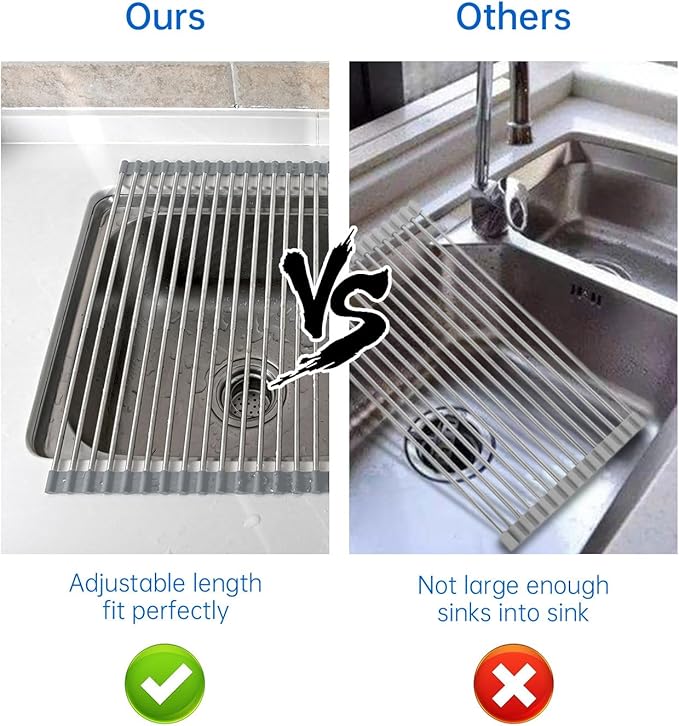 CHIRISEN Expandable Large Roll Up Dish Drying Rack 18 Tube 21.25x12.79''Collapsible Over The Sink Rack Non-Slip Silicone Rolling Dish Drainer Stainless Steel Roll Rack for Kitchen Sink Counter (Gray)