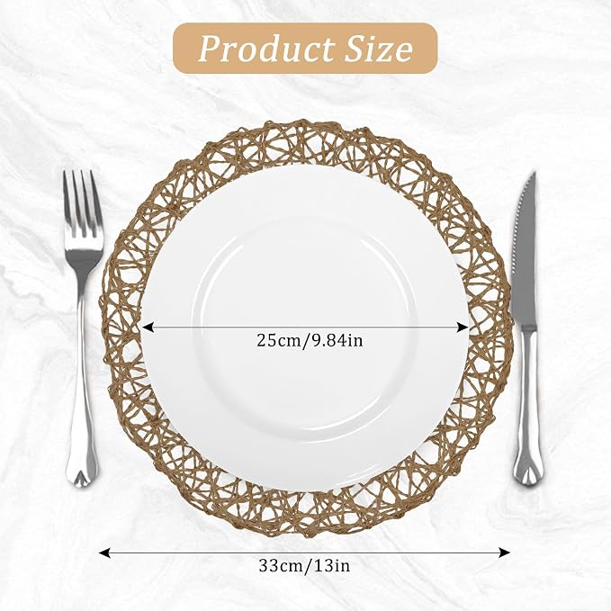 comfoyar Round Paper Braided Placemats Set of 12, 13 Inch Non-Slip Light Brown Hand Woven Place Mats, Natural Table Mats for Indoor Outdoor Kitchen Dining Party Table Decoration