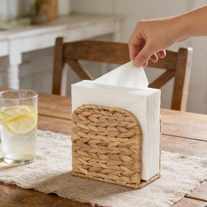 2 Pack Water Hyacinth Napkin Holder for Table, Handwoven Wicker Upright Napkin Holder, Boho Farmhouse Paper Napkin Holder for Kitchen Countertop Dining Room Party