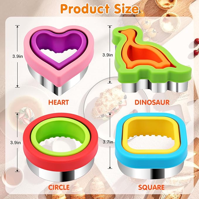 HINZER Sandwich Cutter and Sealer Set 4 Pcs Bread Decruster Sandwich Cutter Pancake Maker Heart Square Circle Dinosaur Shape DIY Cookie Cutters Gift for Kids Adult Boys Girls