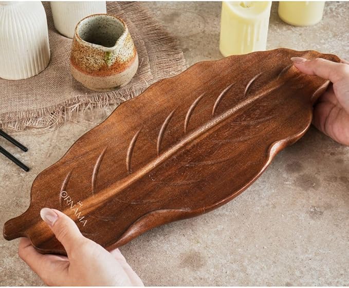 Wooden Serving Tray - Decorative Charcuterie Board with Leaf Design, Premium Acacia Wood Cheese & Fruit Platter, Kitchen Table Centerpiece & Rustic Home Decor