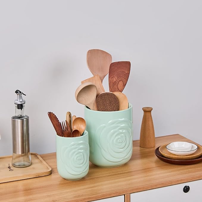 Large Utensil Holder Set of 2, 7.5"+ 5.5" - Ceramic Rose Kitchen Countertop Utensil Crock for Spatulas, Spoons & Cooking Tools, Farmhouse Kitchen Counter Decor, Green